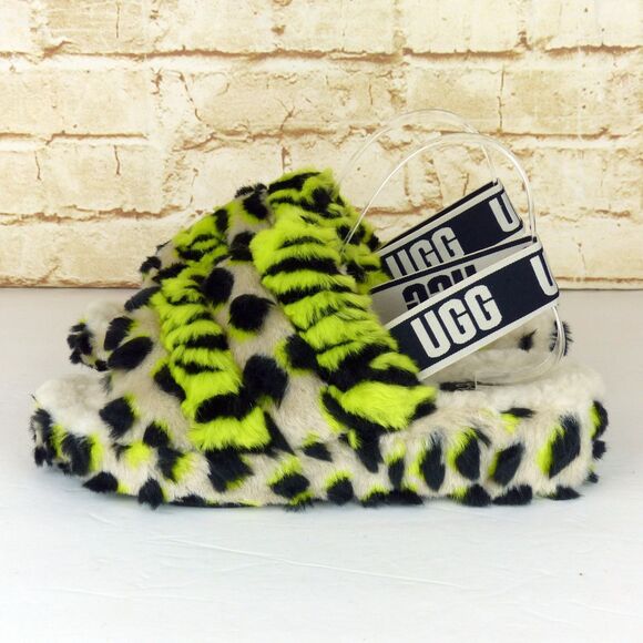UGG Fluff Yeah Animalia Slippers Women 8 Neon Green Black Leopard Sandals Grunge - Picture 8 of 15